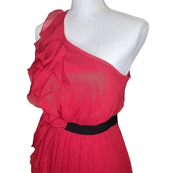 Stunning Red Dress One Shoulder Asymmetrical Skirt Black Belted Style Date Night - Picture 8 of 12